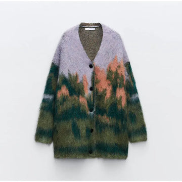 Getadme Autumn Contrast Mohair Cardigan For Women V Neck Long Sleeve Single Breasted Knitted Sweater VintageLoose Lady Streetwear